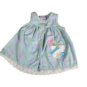 Vintage Samara Girls 3T Pastel Gingham Seersucker Beach Applique Dress Star